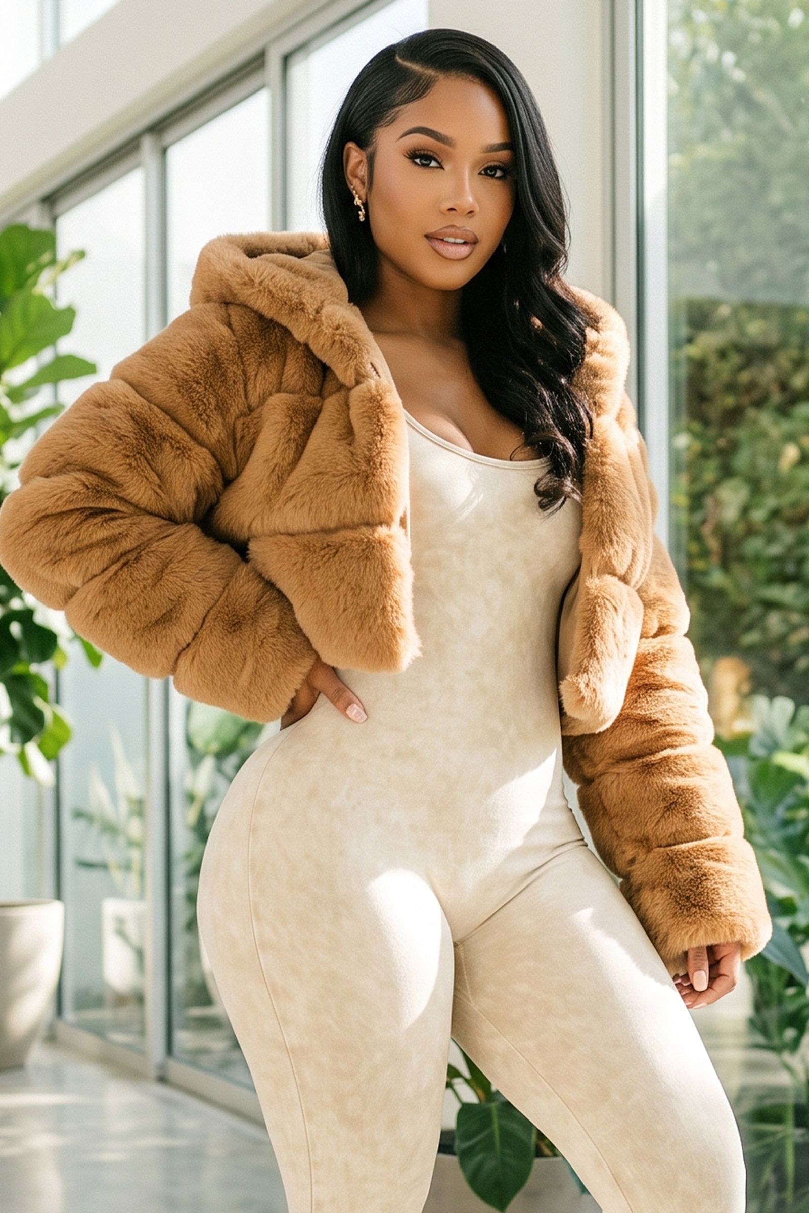 9102-HOOK CLOSURE PUFFY FUR HOODIE BOLERO JACKET WITH PU LINING, Contents: